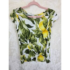 HM Lemon Print Cap‎ Sleeve Viscose Top White Yellow Green Fruit Pattern Size M